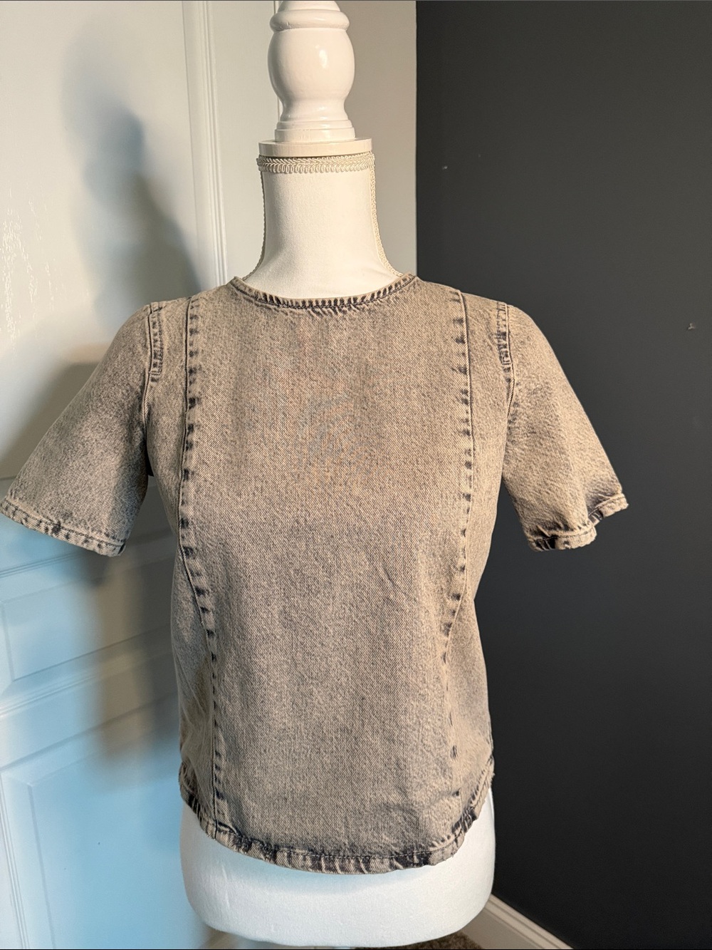 Zara Gray Washed Denim Short-Sleeve Top